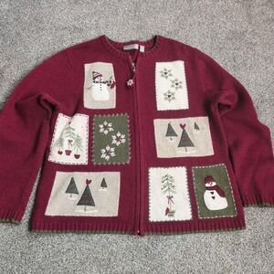 Croft & Barrow Snowman Patchwork Christmas Zip Cardigan Sweater M